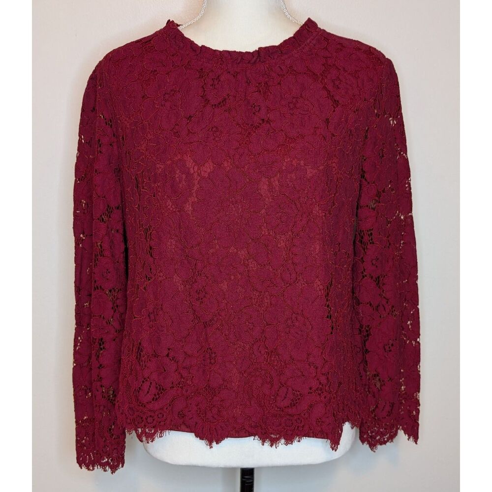 Allegra K Burgundy Floral Lace Long Sleeve Ruffle Neck Blouse Size L